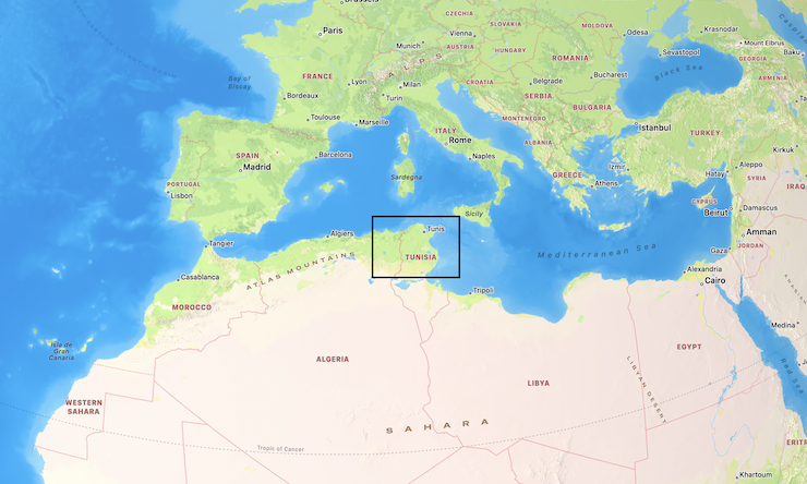map showing location of Tunisia