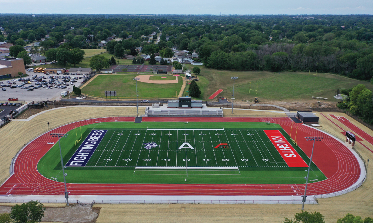 aerial view of stadium and track