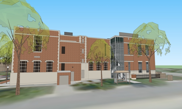 an up close view of a 3d rendering of the finished mcmullen hall remodel