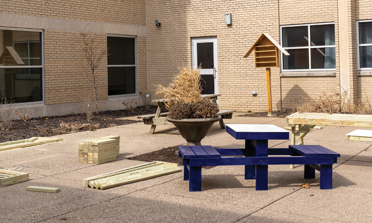 picnic bench in hayes courtyard
